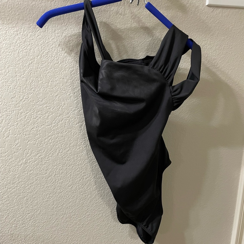 Black Jozette for Mirella Leotard with Leaf Pattern on Chest. Size L